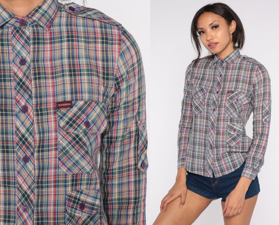 Sasson Plaid Shirt 80s Button Up Blouse Blue Red Green Checkered Print Long Sleeve Chest Pocket Top Epaulette 1980s Vintage Extra Small xs
