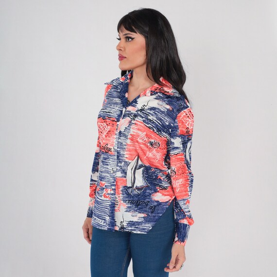 Sailing Shirt 70s French Nautical Button up Blouse Long Sleeve Collared Shirt Sailboat Boat Print Red White Blue Vintage 1970s Medium M
