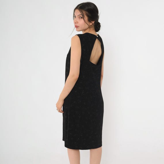 Vintage Sparkly Black Dress 90s Party Keyhole Back Midi Dress Starburst Glitter Retro Sleeveless Glam Cocktail Sheath 1990s Large xl
