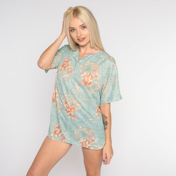 Blue Hawaiian Blouse 70s Tropical Floral Shirt Retro Boho Flower Print Top Short Sleeve V Neck Summer Hippie Top Vintage 1970s Medium Large