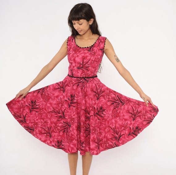 60s Tropical Floral Dress Pink Black Ric Rac Trim Cotton Fit Flare Full Skirt Circle Hawaiian Tiki Summer Swing Rockabilly Pin Up Small S