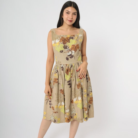 Leaf Print Dress 60s Tan Brown Fall Autumn Square Neck Cotton Vintage Mod  Earth Tones Natural Botanical Harvest Retro Style Small S