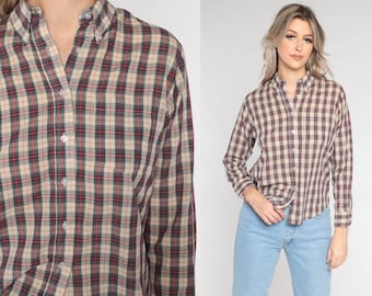 80s Plaid Blouse Tan Red Green Checkered Shirt Retro Button Up Shirt Basic Collared Long Sleeve Top Chapel Hill Vintage 1980s Large 12