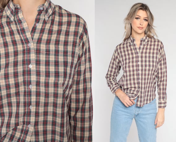 80s Plaid Blouse Tan Red Green Checkered Shirt Retro Button Up Shirt Basic Collared Long Sleeve Top Chapel Hill Vintage 1980s Large 12