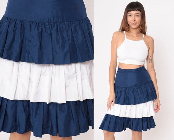 90s Tiered Skirt Midi Skirt Dark Blue White Two Tone Flounce Skirt