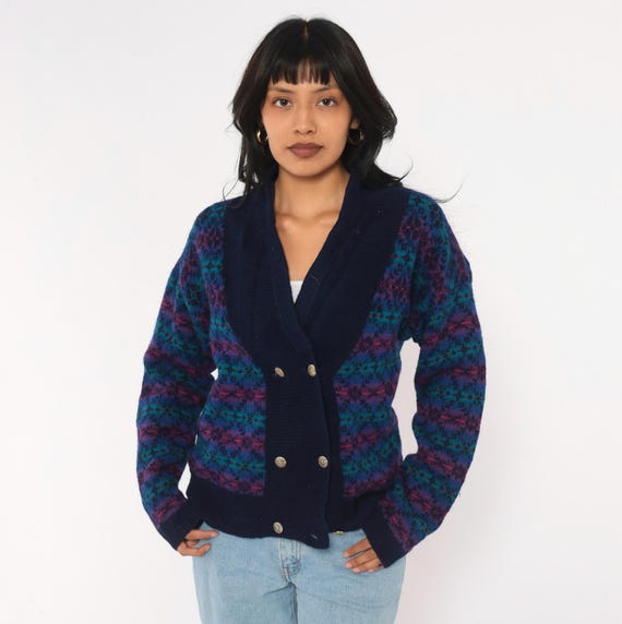 80s Fair Isle Cardigan Blue Wool Blend Nordic Knit Double Breasted Button Front Shawl Collar Purple Pink Grandpa Sweater Vintage Medium M