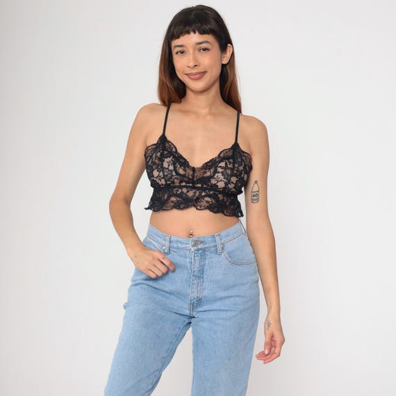 90s Victoria's Secret Crop Top Sheer Black Lace Cami Lingerie Top Gold Label Camisole Sexy Vintage 1990s Spaghetti Strap Sleep Ruffle Medium