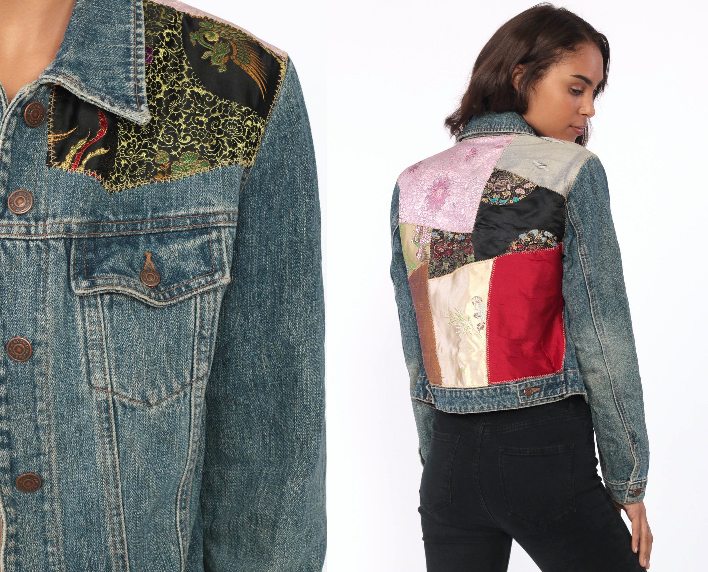 Denim PATCHWORK Jacket 90s Satin Asian 