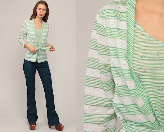 70s Boho Top Striped Shirt ATTACHED JACKET Set Green Cardigan Hippie Blouse METALLIC Flecked Shirt Vintage Bohemian 1970s Medium