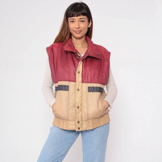 80s Ski Vest Zip Snap Up Puffer Vest Red Tan Color Block Puffy Sleeveless Jacket Striped Colorblock Nylon Poly Fill 1980s Vintage Mens Large