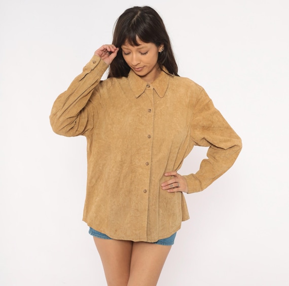Suede Leather Shirt Embossed Floral Coldwater Creek Button Front Camel Sand Tan Shacket 2000s Western Jacket Top Beige Long Sleeve Large L
