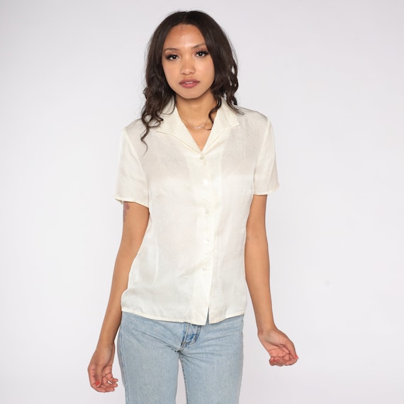 Y2K Blouse White Snakeskin Print Button Up Shirt 00s Silk Rayon Liz Claiborne Short Sleeve Vintage Plain Scale Collared 00s Small 6