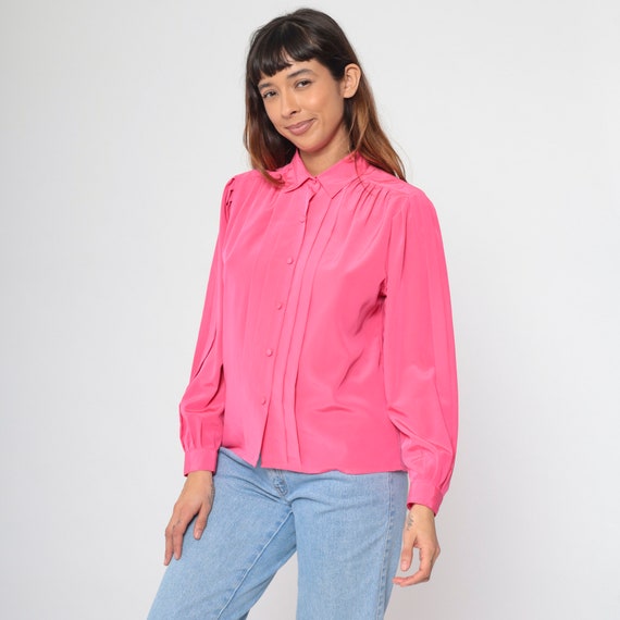 Hot Pink Pleated Blouse 80s 90s Long Puff Sleeve Top Collared Shirt Tuxedo Pleat Retro Secretary Button Up Vintage 1990s Medium 10 Petite