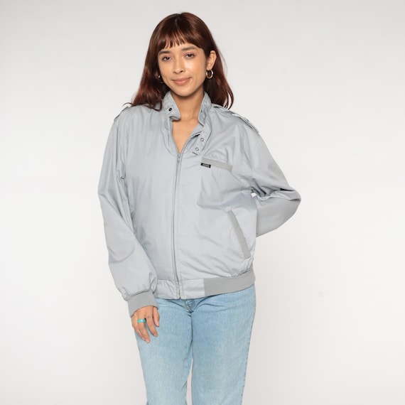 Light Gray Bomber Jacket 80s Zip Up Shoulder Epaulettes Military Style Ribbed Trim Nylon Outdoors Camping Hiking Streetwear Casual Large L