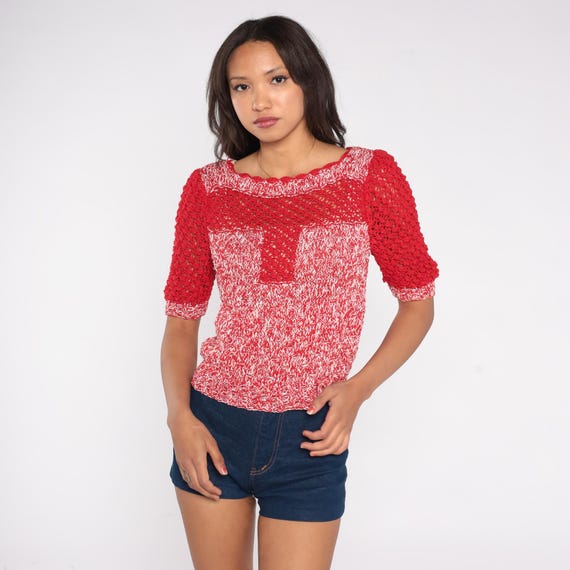 Crochet Knit Sweater 70s Red White Open Weave Short Sleeve Vintage Boho Handmade Cropped Top Hippie Cottagecore Summer Top Medium M 8