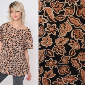 Floral Henley Shirt 90s Black Orange Flower Print T-Shirt Short Sleeve Top Half Button Up Tee Retro Flower Print Blouse Vintage 1990s Large image 1