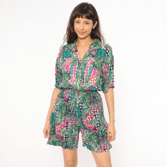 Tropical Romper 80s Button Front Playsuit Green Magenta Leaf Print Short Sleeve Collared One Piece Shorts Hawaiian Tiki Geometric Small S