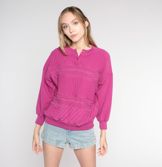 Vintage Quilted Sweatshirt 90s Fuchsia Sweatshirt Cable Knit Pullover Crewneck Sweater Henley Sweatshirt Streetwear Dark Pink 1990s Medium M
