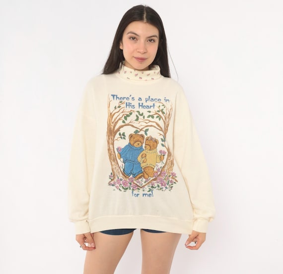 90s Teddy Bear Sweatshirt Floral Turtleneck Cream Heart Tree Cute Nerdy Sweet Cottagecore Top Valentines Day Relaxed Fit Vintage Large L