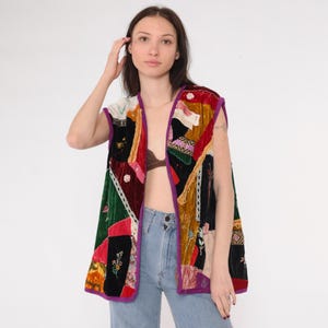 Vintage Velvet Patchwork Vest 70s Embroidered Floral Bird Bohemian Handmade Sleeveless Jacket Hippie Red Black Lace Trim 1970s Medium Large