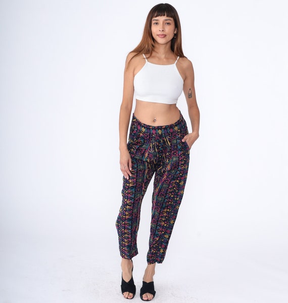 90s Tapered Pants Abstract Heart Print Ankle Pants Cropped Trousers Geometric Pleated Harem High Waisted Trousers 1990s Vintage Black Medium