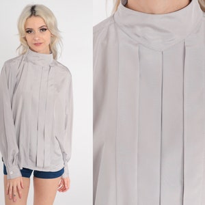 80s Christian Dior Blouse Grey Top Mock Neck Shirt 1980s Pleated Blouse Long Sleeve Vintage Secretary Shirt Draped Plain Medium 10 image 1