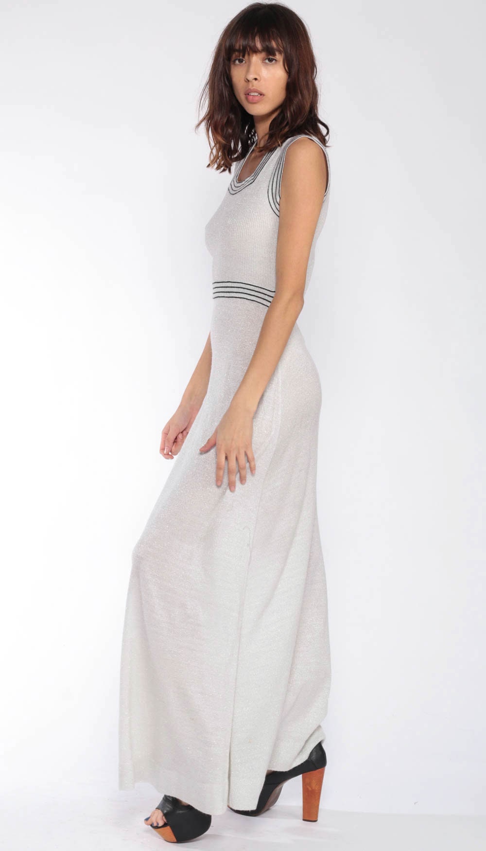 Metallic Knit Dress -- Silver Sweater Dress 70s Maxi Sparkly Holiday Cocktail 1970s Vintage 