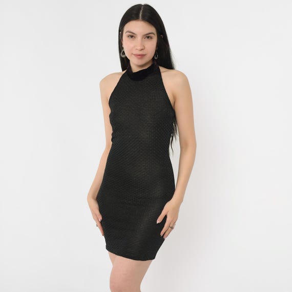 90s Sparkly Black Bodycon Dress Vintage Sheer Metallic Mini Party Dress Sleeveless Velvet Halter Neck Cocktail 1990s Minidress Small xs