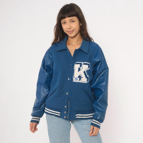 90s Varsity Jacket Reebok Blue Wool Leather Letterman Coat Basketball Collegiate Bomber Striped Navy White Preppy Athletic Sport Medium M