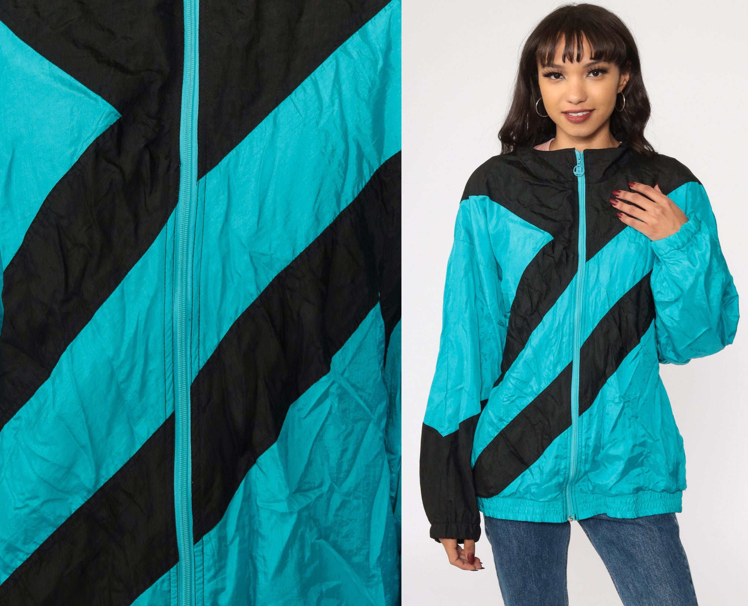 90s Windbreaker Jacket Shiny Turquoise Jacket Black Striped 90s Windbreaker Jacket Shiny Turquoise Jacket Black Striped