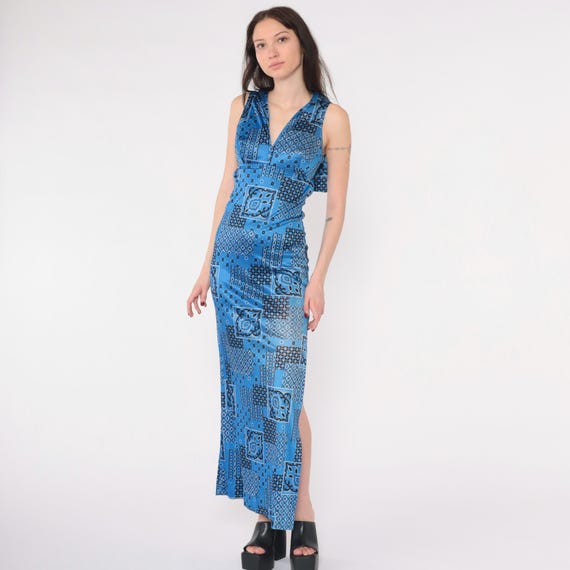 Vintage 70s Blue Bandana Print Maxi Dress 1970s Sleeveless Cutout Backless Sailor Collar Empire Waist High Slit Boho Extra Small xs