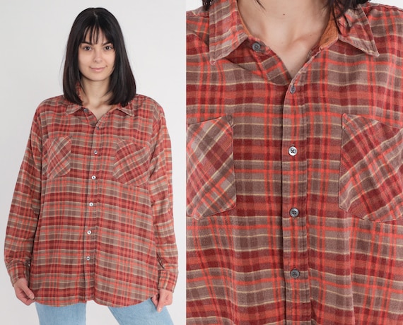 90s Flannel Shirt Red Plaid Button up Shirt Retro Checkered Grunge Lumberjack Long Sleeve Boyfriend Top Button Down Vintage 1990s Mens Large