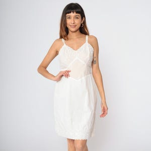 60s Slip Dress White Floral Embroidered Lingerie Dress Retro Mini Full Slip High Waist Spaghetti Strap Vintage 1960s 36 Short