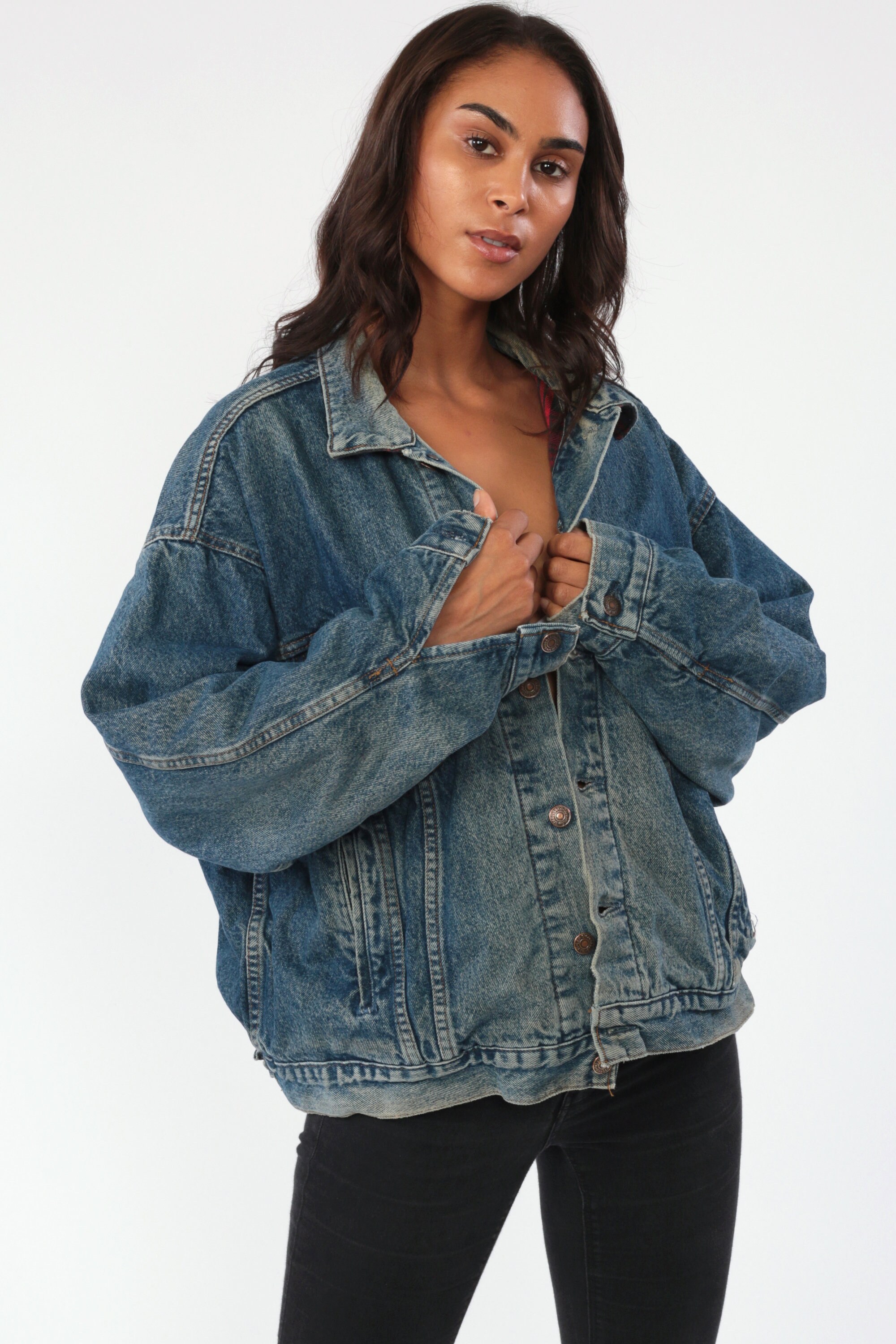 Levi Jean Jacket -- 90s LEVIS Denim Jacket PLAID LINED Trucker Blue Vintage Oversized Biker