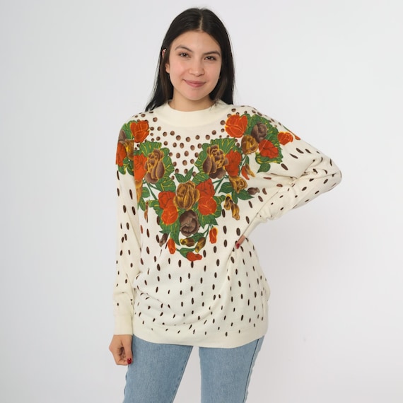 80s Floral Sweater Cream Rose Garden Print Vintage Cottagecore Polka Dot Grandmacore Pullover Knit Romantic Novelty Large