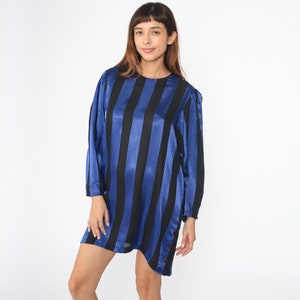 Striped Mini Dress 80s Shift Dress Shiny Blue Black Striped Dress Long Puff Sleeve Dress Vintage 1980s Button Side Casual Large