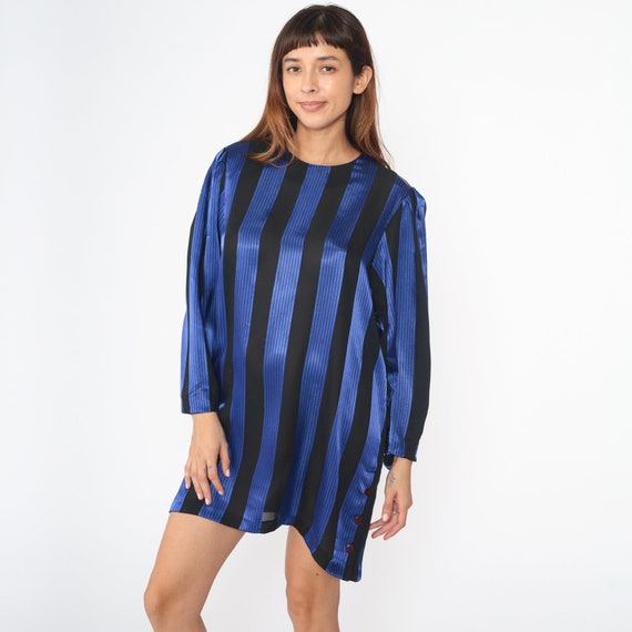 Striped Mini Dress 80s Shift Dress Shiny Blue Black Striped Dress Long Puff Sleeve Dress Vintage 1980s Button Side Casual Large
