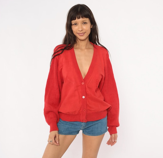 90s Red Cardigan Button Front V Neck Knit Sweater Ribbed Sleeve Mixed Media Woven Embroidered Crimson Preppy Collegiate Vintage Large L
