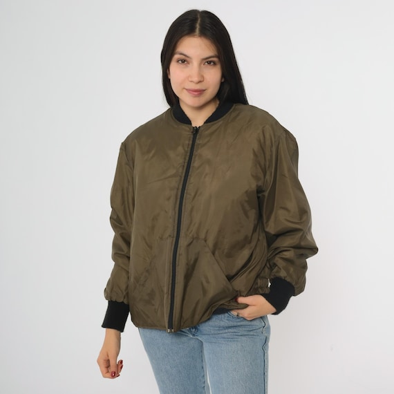 90s Olive Green Bomber Jacket Nylon Black Rib Trim Quilted Lining Zip Front Outdoor Hunting Workwear Style Utility Coat XL Extra Large