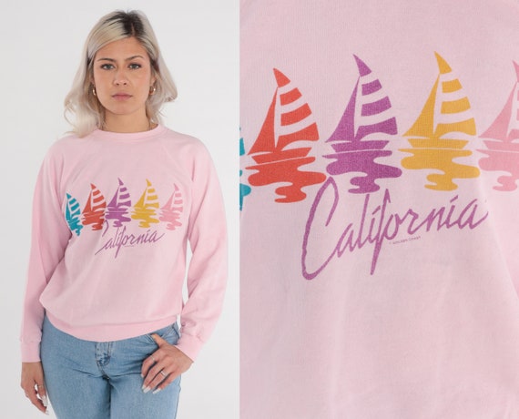 California Sweatshirt 80s 90s Baby Pink Sweatshirt Sailboat Palm Tree Graphic Raglan Sleeve Crewneck Retro Nautical Tourist Vintage Medium