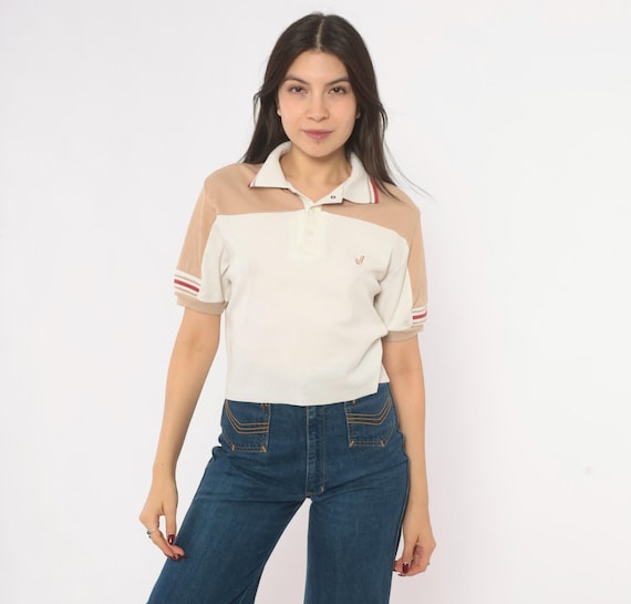 80s Jantzen Polo Cream Tan Color Block Snap Button Collar Knit Top Striped Sleeve Cuff Preppy  Ivory Off White Short Sleeve Blouse Small S