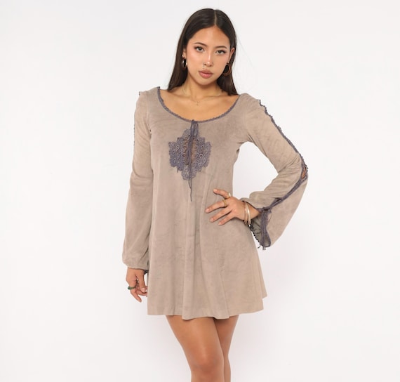 70s Velour Lace Up Mini Dress Purple Lilac Cutout Bell Sleeve Renaissance Medieval Witchy Whimsigoth Grunge Fairy Vintage Extra Small XS