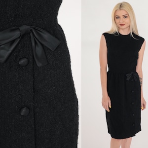 Black Wool Dress 60s Party Dress Mod Sheath Sleeveless Bow Retro Pencil Knee Length Midi Formal Evening Cocktail Chic Retro Vintage 1960s XS