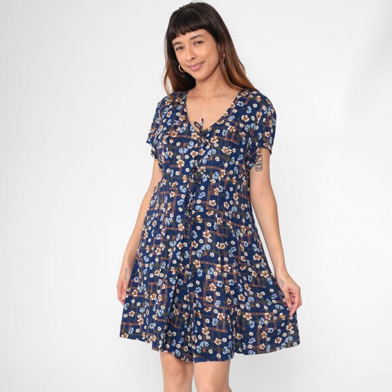 Vintage Floral Romper Dress 90s Blue Playsuit Retro Attached Jacket Twofer Wide Leg Bohemian Short Sleeve Summer Grunge 1990s Medium Large