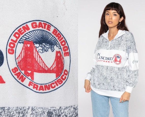 San Francisco Shirt Golden Gate Bridge Sweatshirt 80s 90s Pullover Sweater Quarter Zip 1990s Grey White California Sweater Vintage Large L