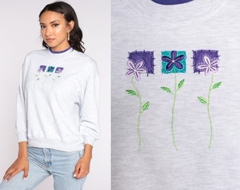 Graphic Floral Sweatshirt 80s Sweatshirt Flower Print 90s Grey Sweatshirt Mock Neck Vintage Medium