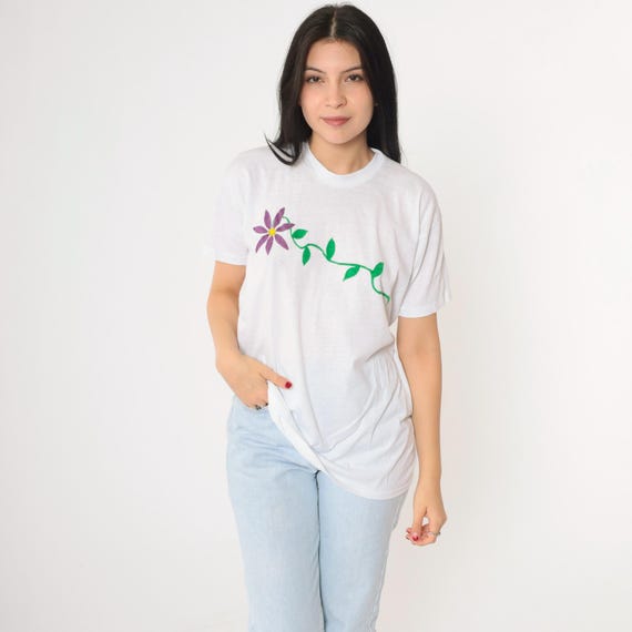 Vintage Floral T Shirt Hand Painted Shirt 90s Floral Tee Graphic White Purple Glitter Paint Crewneck Short Sleeve TShirt Medium Large