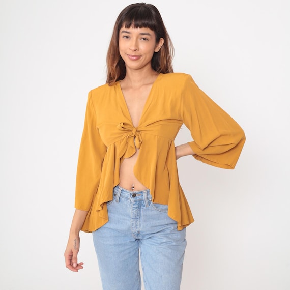 Mustard Yellow Blouse 90s Crop Top Big Sleeves Gold Blouse Bow Draped Flowy Vintage Peasant Medieval Revival Asymmetric Hem Wrap Medium M