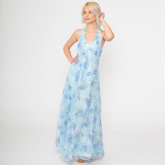 Floral Halter Dress 70s Maxi Dress Light Blue Sun… - image 3