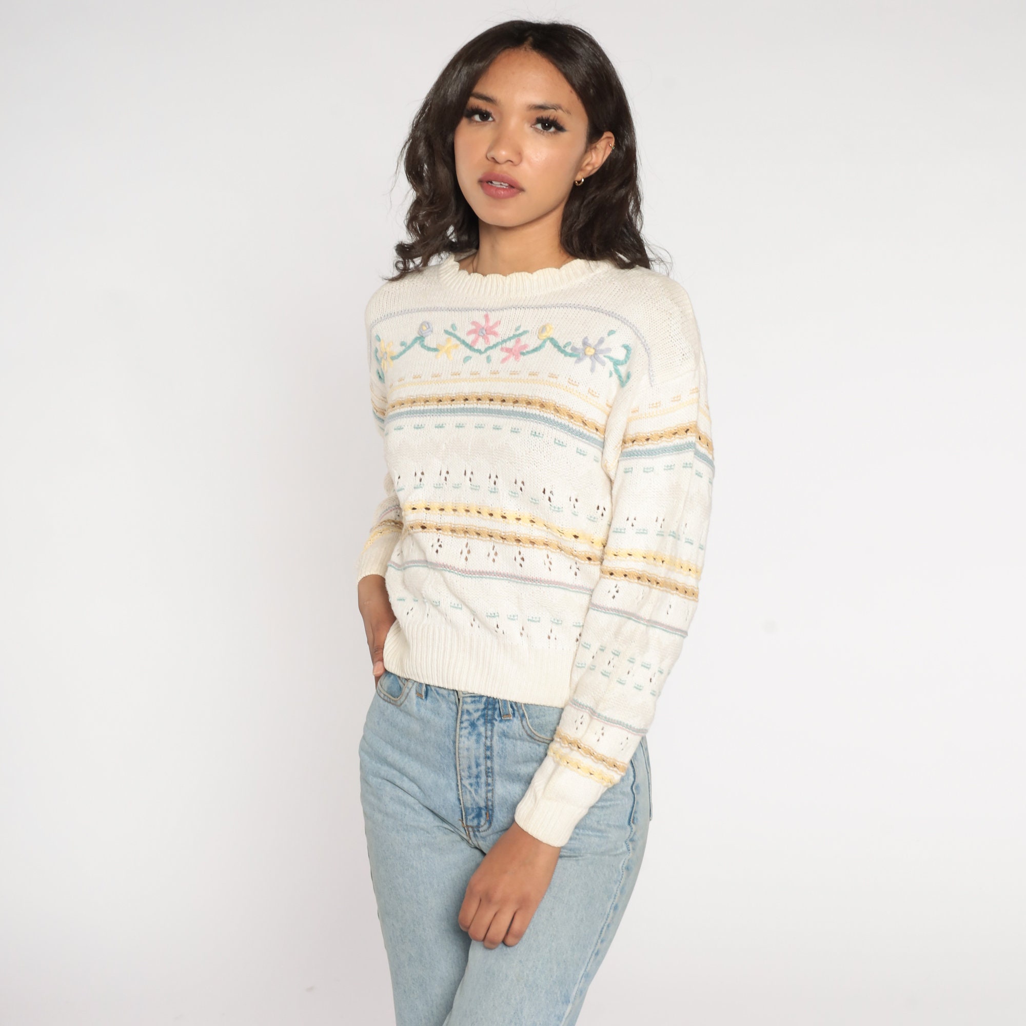 80s Floral Sweater White Knit Pullover Sweater Pointelle Cutout Striped ...